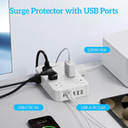 Flat Plug Power Strip Surge Protector with 12 AC Outlets 6 USB Ports 3 Side Multi Plug Outlet Extender 10 Ft Extension Cord for Home Office Kitchen Dorm Wall Desk Charging Station ETL Listed