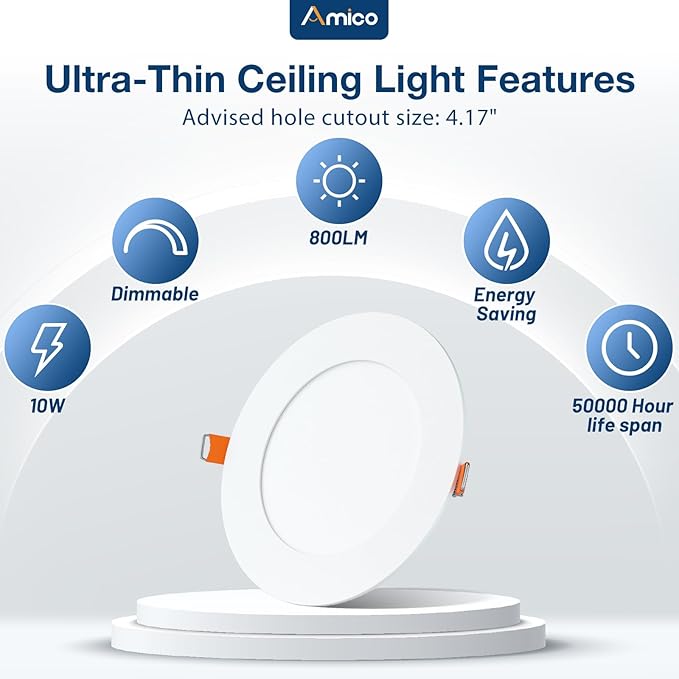 Amico 36 Pack 4 Inch 5CCT Ultra-Thin LED Recessed Ceiling Light with Junction Box, 2700K/3000K/3500K/4000K/5000K Selectable, 10W Eqv 60W, 800 LM, Dimmable High Brightness Downlight - ETL&FCC