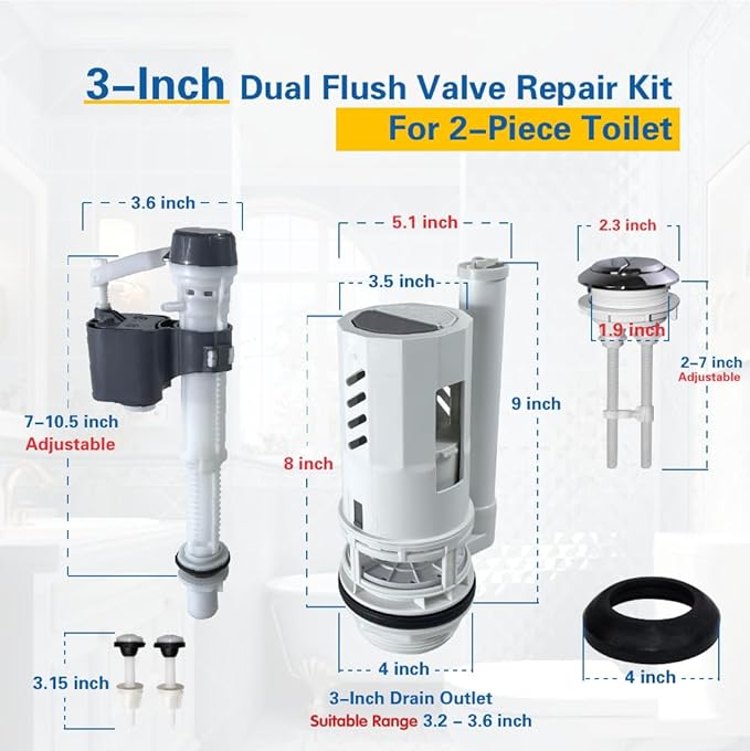 3-Inch Dual Flush Valve Replacement Kit for 2-Piece Toilets, Include Toilet Flush Valve with Push Button, Toilet Fill Valve, Bowl Gasket and Plastic Bolts.