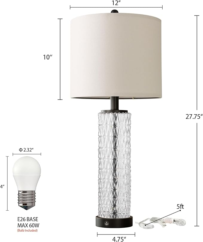 Oneach 27.75” Table Lamps Set of 2, Black Modern Bedside Lamp with LED Night Light, USB A+C, Glass Lamps for Living Room, Bedroom, Nightstand, Office, End Table (2 Bulbs Included)