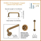 Goo-Ki 6 Pack Champagne Copper Cabinet Drawer Pulls Kitchen Hardware - 3"(76mm) c-c Bar Pull Dresser Handles for Cupboard Bathroom Closet Wardrobe