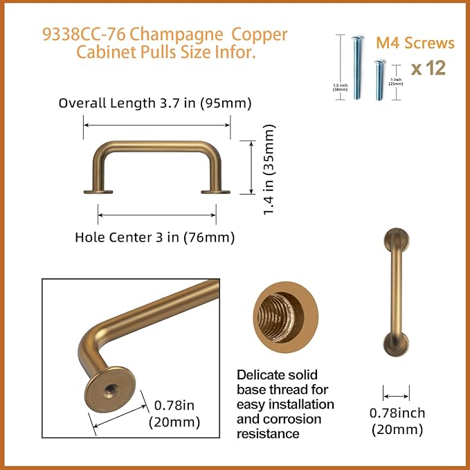 Goo-Ki 6 Pack Champagne Copper Cabinet Drawer Pulls Kitchen Hardware - 3"(76mm) c-c Bar Pull Dresser Handles for Cupboard Bathroom Closet Wardrobe