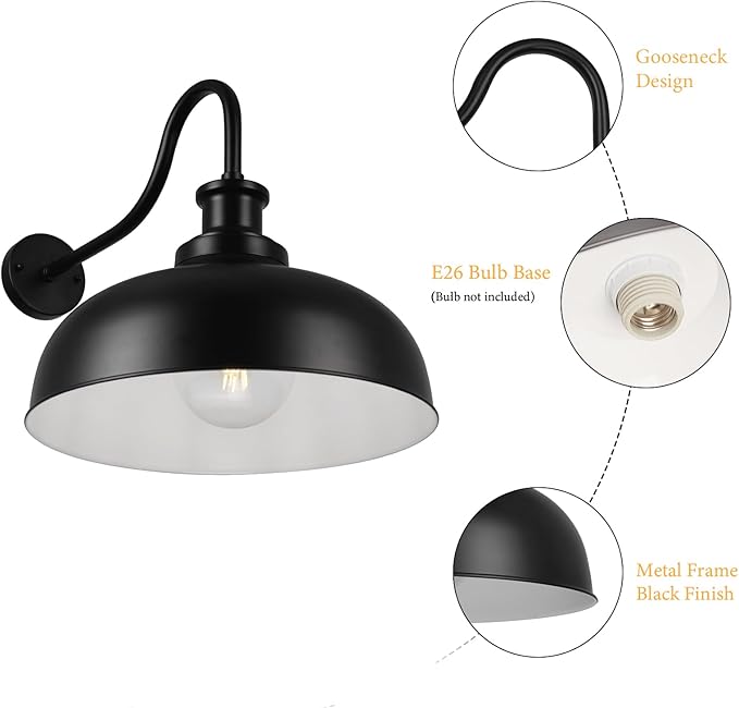Outdoor Gooseneck Barn Light,16 Inch Dome Outdoor Wall Sconce Farmhouse Exterior Wall Mount Light Vintage Wall Lighting Fixture Industrial Black Wall Lantern for Porch, Entryway, Garage, 1 Pack
