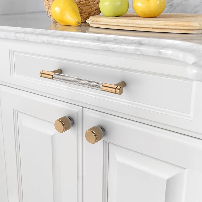 Amerdeco 10 Pack Champagne Bronze and Brushed Nickel Knurled Cabinet Pulls 5 Inch Hole Center to Hole Center Kitchen Cabinet Handles for Drawer Dresser, Cupboard and Wardrobe ZH0040