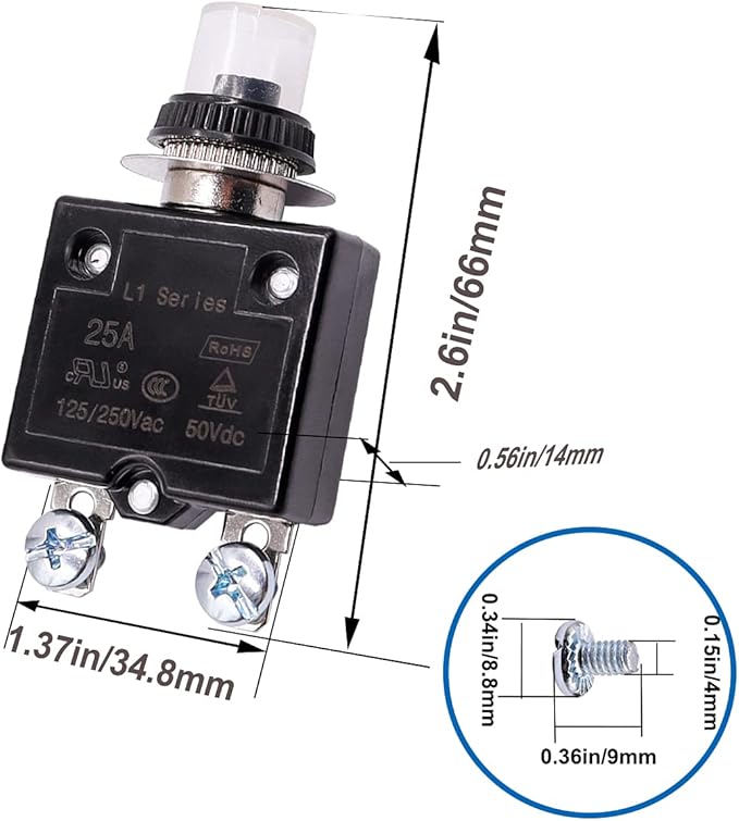 mxuteuk 2Pcs 20Amp Circuit Breakers Push Button Manual Reset 125/250V AC 50V DC, L1 Series Overload Protector Switch Thermal Circuit Breakers with Waterproof Button Caps L1-ls-20A