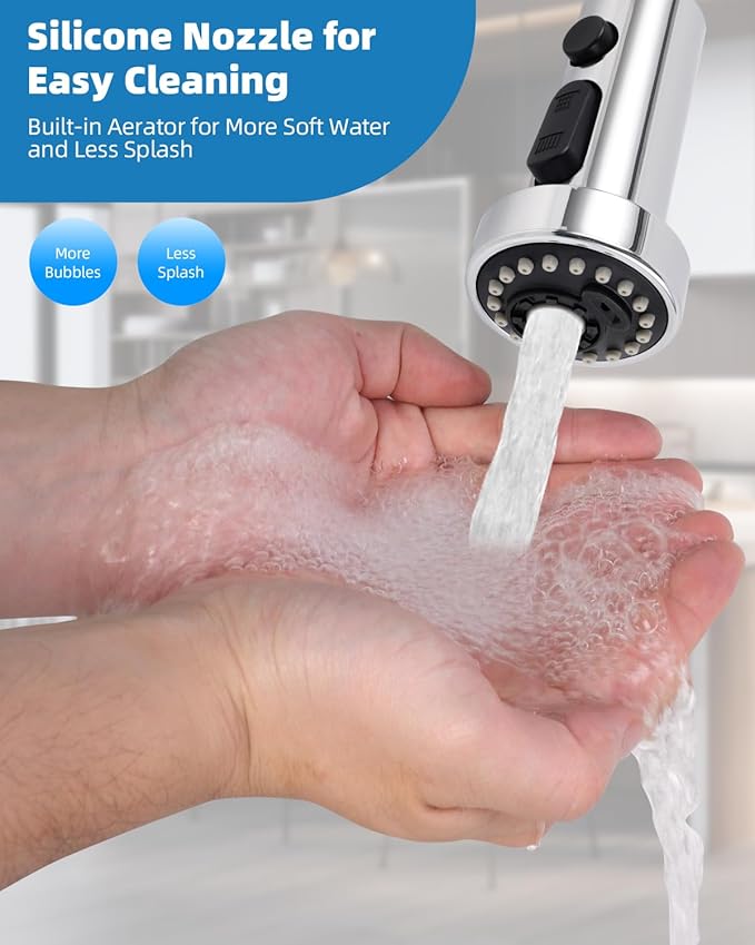 Hibbent Kitchen Faucet Head Replacement, Pull Down Sink Spray Nozzle with 3 Function, G1/2 or 13/16 Inch Male Connector (Only for G1/2 Connector, Chrome)