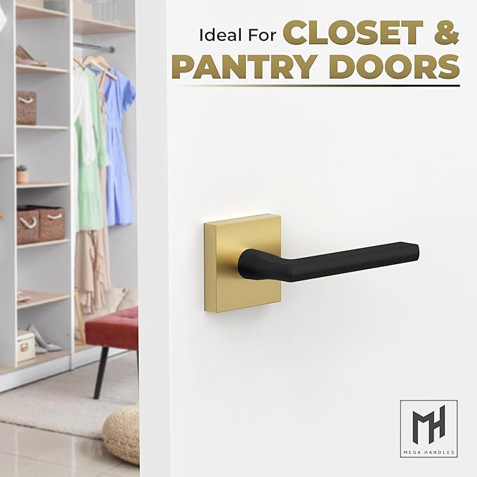 Mega Handles Prime Dummy Lever, Door Handle for Closet or French Doors, Single Side Door Levers, Fits All Standard Door Sizes, Covered Screws Included - Satin Brass/Matte Black (2 Pack) 5"