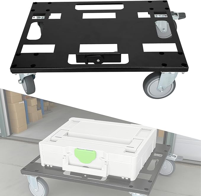 Metal Roll Board for Festool with 4 Rollers, Black Systainer Cart for Festool for Easy Transport of Systainer & T-Loc System, Rolling Board for Festool with Feedthroughs for Straps