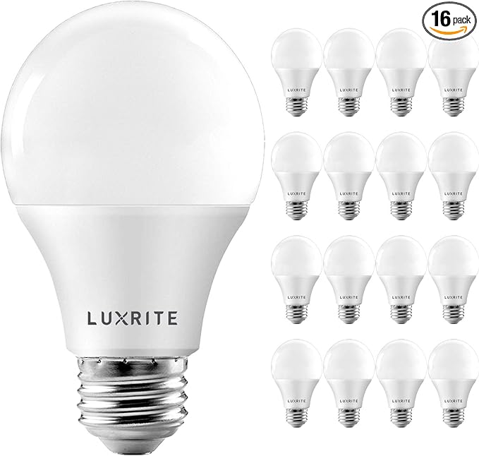 LUXRITE A19 LED Bulb 60W Equivalent, 5000K Bright White, 800 Lumens, Dimmable Standard LED Light Bulbs 9W, Enclosed Fixture Rated, Energy Star, E26 Medium Base - Indoor and Outdoor (16 Pack)
