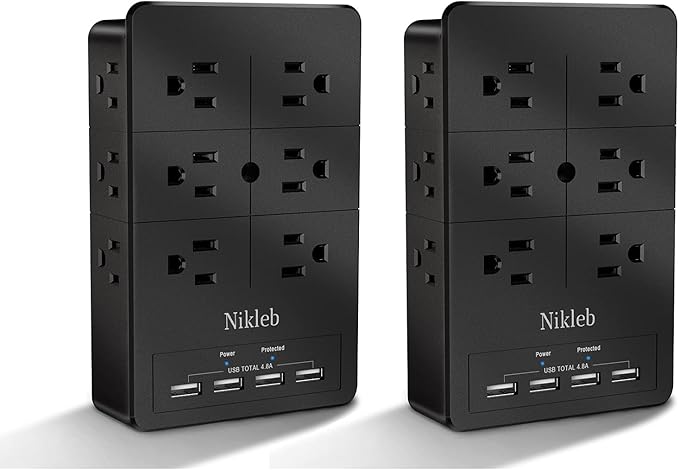 Surge Protector Nikleb, Wall Outlet with 4 USB Ports 5V 4.8A Total, 12 Multi Outlet Extender, Multiple USB Plug Adapter Wall Mount, Phone Chargier Organizer with Phone Holder, Heavy Duty