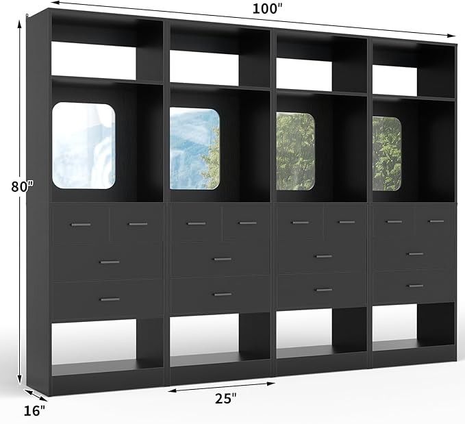 Unikito 100 Inch Closet System with Drawers, 8FT Sturdy Closets Organizer with Storage Shelves and Mirror Design, Freestanding Wood Walk in Closet Towers, Easy Assembly, Max Load 2000 LBS, Black