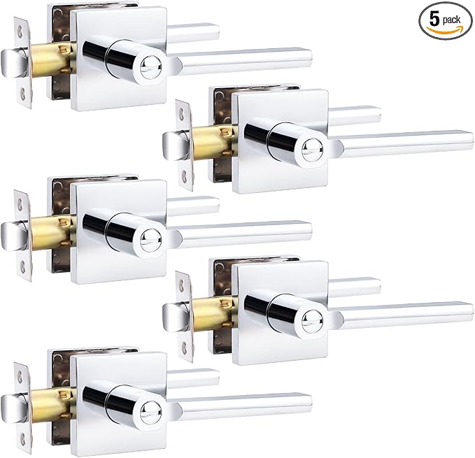 Probrico Polished Chrome Privacy Door Handle Lockset Heavy Duty Square Interior Door Lever for Bedroom or Bathroom Reversible Keyless Handleset Door Knob Slim Handed Levers, 5 Pack