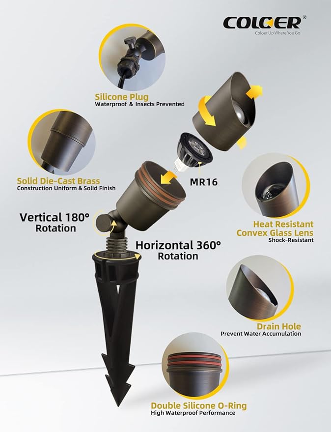 COLOER Brass Landscape Spotlights, 6 Pack Spot Lights Outdoor with 5W Aluminum Housing MR16 LED Bulb 2700K 450LM, 12V AC/DC Low Voltage Outdoor Lighting for Yard, Uplight for Garden and Patio(101B)