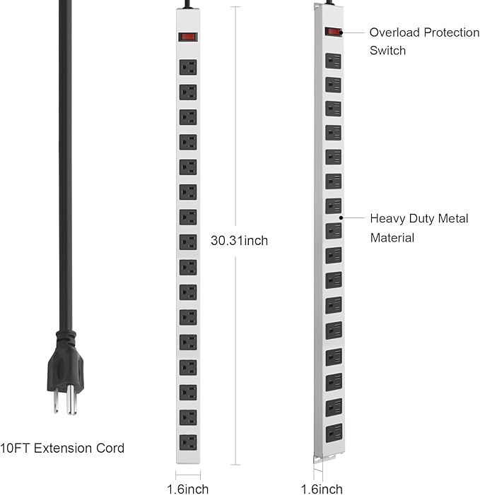 JUNNUJ Metal 16 Outlet Power Strip, Mountable Heavy Duty Power Strip, 1200J Surge Protector Wall Mount Screws Outlet with Switch, Gaming Desk Strips Wide Spaced 15A 125V 1875W, 10 FT 14AWG Power Cord