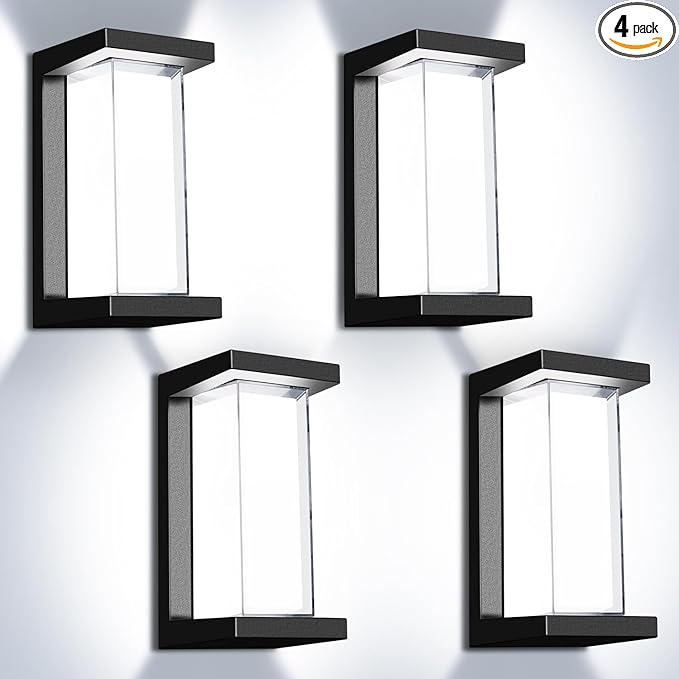 Juyace 18W Exterior Lighting Fixtures 4 Pack Budget-Friendly Outdoor Porch Lights Modern Black Sconces Wall Mount 1800Lm 6000K IP65 Waterproof for Garage House Patio Front Door Entryway