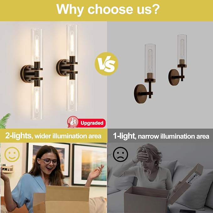 Wall Sconces Set of Two, Hardwired Brown Bathroom Sconces Wall Lighting with Clear Glass, Modern Sconces Wall Decor Set of 2 Bathroom Light fixtures for Mirror Hallway (Bulbs Not Included)