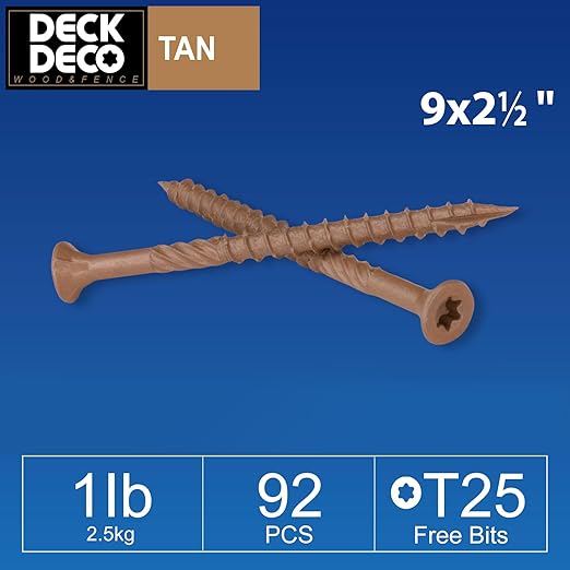 Wood Screws #9 x 2-1/2" 92pcs(Approx), Tan Ruspert Coating Exterior Deck Screws, Torx/Star Drive Flat Head,Twist Shank, Cut Tip/Thread, Bit Included, 1 lb/Box