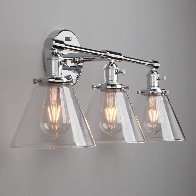 Phansthy 3-Light Wall Sconces Antique Brass Vanity Light, Industrial Wall Lamps with On Off Switch and Clear Glass Lampshade, Vintage Wall Lighting for Bathroom Living Room (Chrome, Cone Shade)
