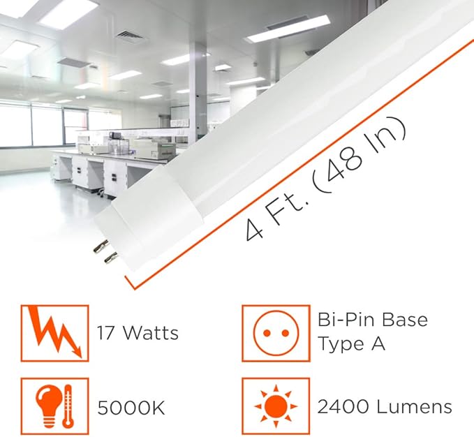 GoodBulb 4-ft T8 LED Tube Lights, 17-Watt (32W Equivalent) 5000K Daylight, 2400-Lumens, 83 CRI, Type A Plug & Play (Pack of 25)