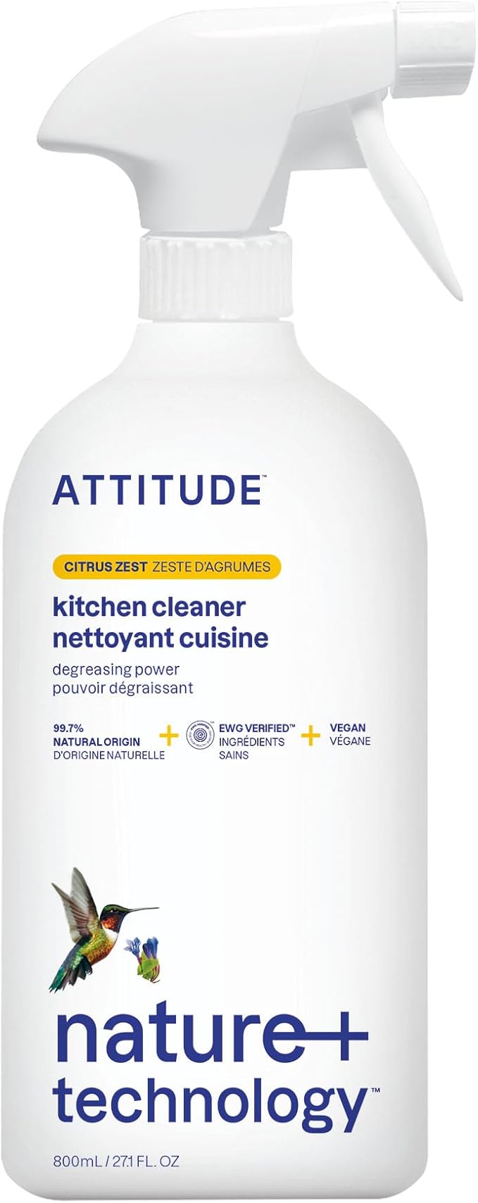 ATTITUDE Kitchen Cleaner Spray, EWG Verified, Powerful Degreaser, Cuts Grease & Grime, Plant-Based & Vegan, Citrus Zest Scent, 27.1 Fl Oz