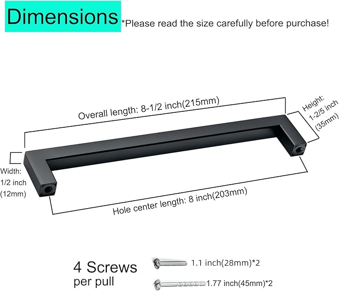 10 Pack Matte Black Cabinet Pulls 8 Inch Black Square Drawer Handles Dresser Pulls Stainless Steel Kitchen Cabinet Handles Cabinet Hardware