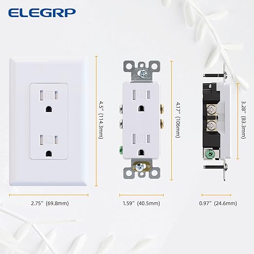 ELEGRP Decorator Wall Receptacle Outlet, Tamper Resistant 15A 125V Standard Electrical Wall Outlet, Residential Grade, Self-grounding, with Screwless Wall Plate, UL (10 Pack, Glossy White)