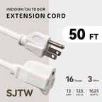 50ft Outdoor Extension Cord for Christmas Decorations - 16/3 Heavy Duty SJTW Waterproof White Electrical Cable with 3 Prong Grounded Plug for Safety, Great for Lawn and Major Appliances