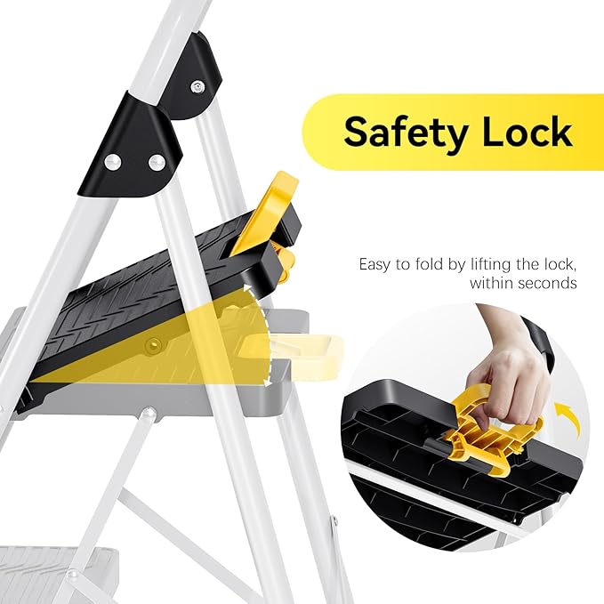 KINGRACK 3 Step Folding Ladder, 800lbs Capacity Step Stool with Safety Lock, Non-Skid Wide Pedals, and Handrail, Lightweight, Household Ladder for Home, Kitchen, Pantry, Closets, and Office Use, White