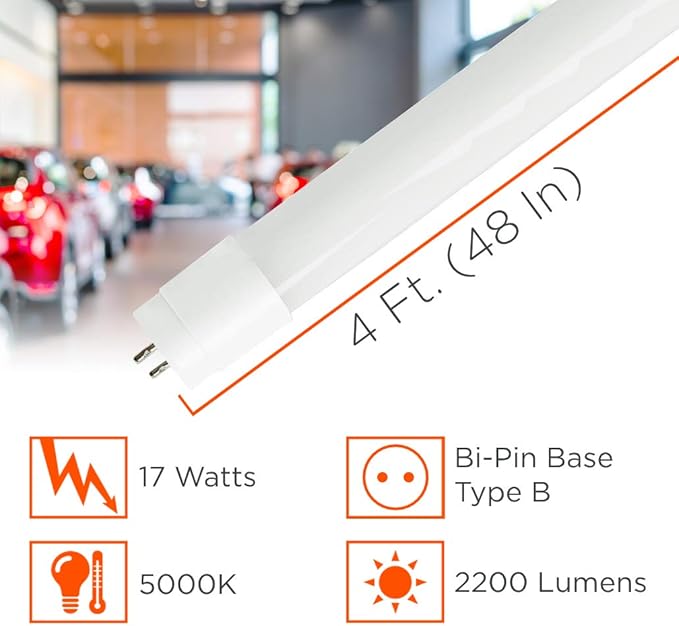 GoodBulb 4 Foot LED Tube 17 Watt T8 Medium Bi-Pin Base 5000K Cool White High Output 2200 Lumens 80 CRI Type B Direct Wire Car Dealership Lighting 25 Pack
