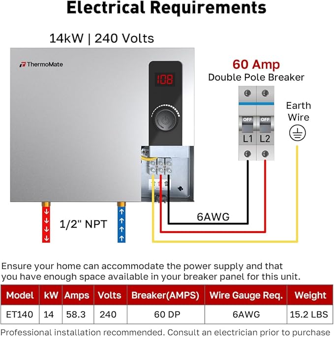 Tankless Water Heater Electric, ThermoMate 14kW 240 Volt On Demand Instant Hot Water Heater for Shower, Self-Modulating LED Display Knob Control, ETL Certified, 2.66GPM at 35°F Rise ET140
