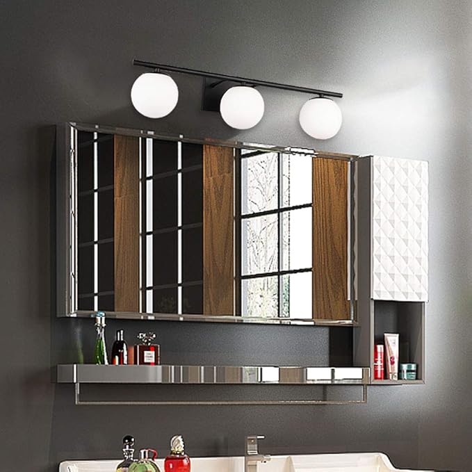 New Bathroom Vanity Light Fixtures 3 Lights Brushed Black Milk White Globe Glass Shade Modern Wall Bar Sconce Over Mirror (Exclude G9 Bulb)