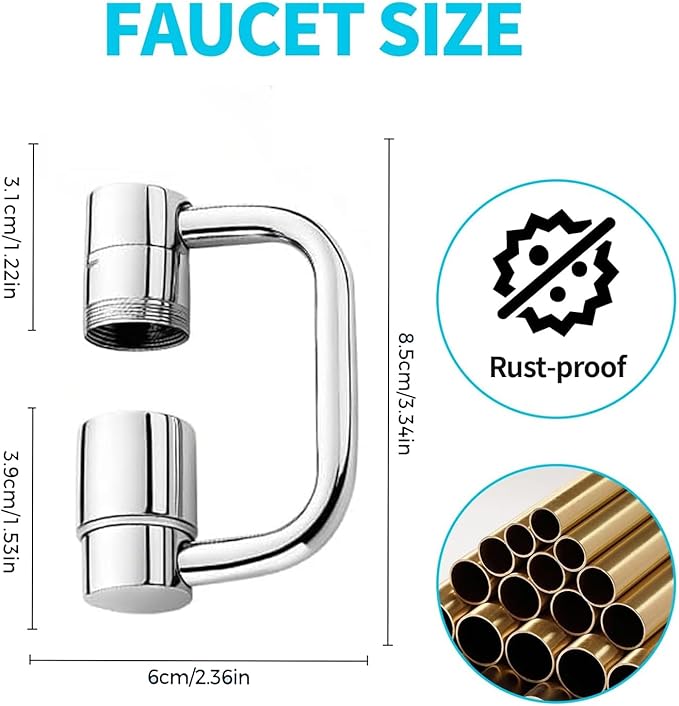Rotatable Faucet Aerator Extension, Universal U-Shaped Faucet Extender with 1440° Swivel, 2-in-1 Anti-Splash Aerator for Kitchen Sink & Bathroom Faucet