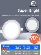 12 Pack 6 Inch Ultra-Thin LED Recessed Ceiling Light with Junction Box, Daylight 5000K, 1050LM Brightness, 12W 110W Eqv, Dimmable Canless Wafer Downlight - ETL & FCC Certified