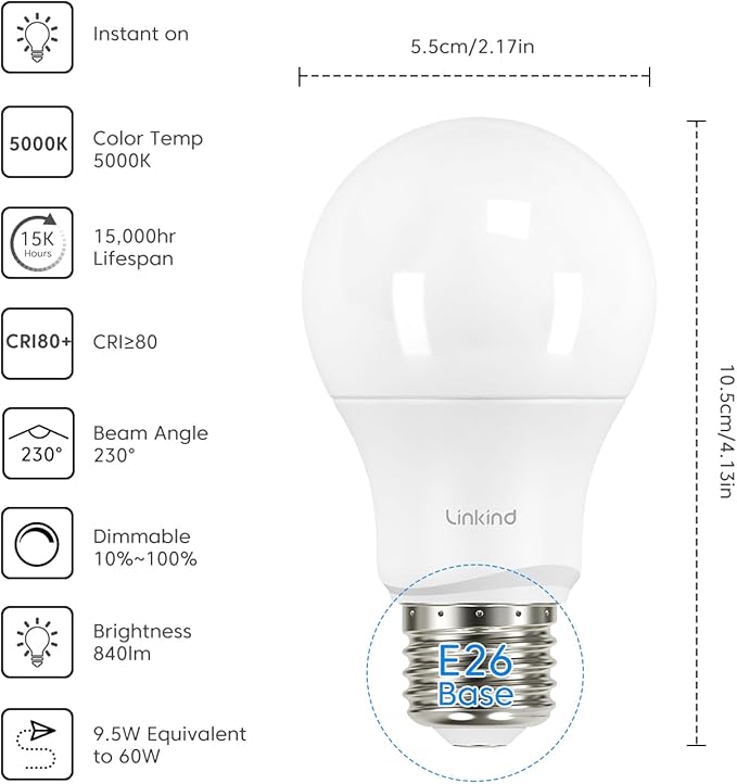 Linkind Dimmable A19 LED Light Bulbs, 60W Equivalent, E26 Base, 5000K Daylight, 9.5W 840 Lumens 120V, UL Listed FCC Certified, Pack of 24