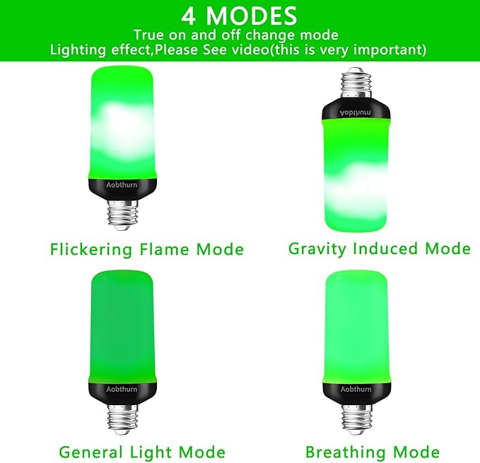 Flame Light Bulbs, 4 Modes LED Flame Effect Light Bulb, E26 Base Flickering Light Bulb with Gravity Sensor,Flickering Light Bulbs Halloween Home Party (Green-2 Pack), AF240301A