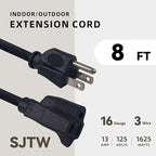 8ft Outdoor Extension Cord for Christmas Decorations - 16/3 Heavy Duty SJTW Waterproof Black Electrical Cable with 3 Prong Grounded Plug for Safety, Great for Lawn and Major Appliances