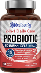 Probiotics 60 Billion CFU 19 Strains for Men & Women, with 100mg Prebiotic, Shelf Stable, 2-in-1 Daily Care Probiotic, Non-GMO, Digestive & Immune Health, 60 Veggie Capsules