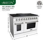 Akicon 48 Inch Freestanding Gas Range - 6.7 cu. ft. Double Rapid Convection Gas Oven - Gas Stove with 8 Sealed Burners & a Griddle, Heavy Duty Cast Iron Grates (White & Stainless Steel)