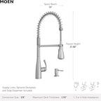 Moen Essie Spot Resist Stainless One-Handle High Arc Pre-Rinse Spring Pulldown Kitchen Faucet with Power Clean and Soap Dispenser, 87814SRS