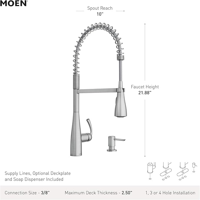 Moen Essie Spot Resist Stainless One-Handle High Arc Pre-Rinse Spring Pulldown Kitchen Faucet with Power Clean and Soap Dispenser, 87814SRS