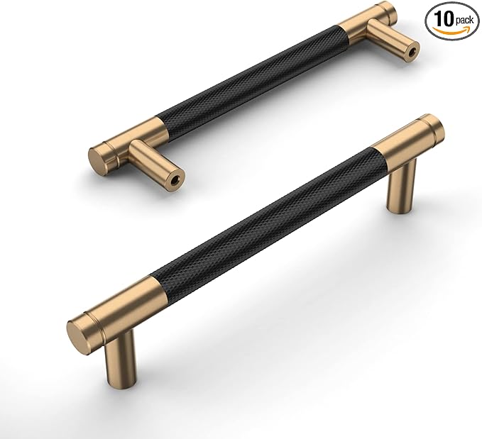 Amerdeco 10 Pack Champagne Bronze and Black Knurled Cabinet Pulls 5 inch Hole Centre to Hole Centre Kitchen Cabinet Handles for Drawer Dresser, Cupboard and Wardrobe ZH0040