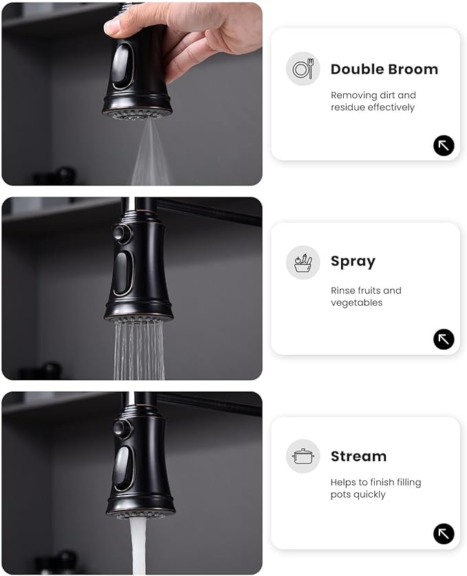 DAYONE Antique Oil Rubbed Bronze Kitchen Sink Faucet with Pull Down Sprayer, 3 Modes Stainless Steel Spring Vintage Sink Faucet for Farmhouse Kitchen Bar Camper 1 or 3 Holes Single Handle