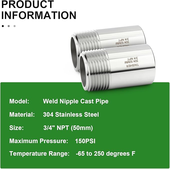 TAISHER 2PCS 304 Stainless Steel Pipe Fittings, 3/4" NPT Male Threaded, 2" Length Weld Nipple Cast Pipe