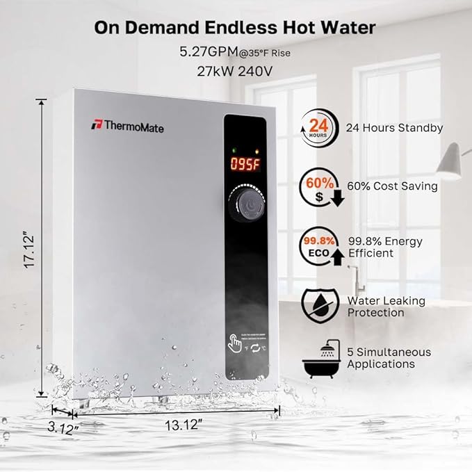 Tankless Water Heater Electric 27kW at 240 Volt, ThermoMate On Demand Instant Hot Water Heater Up to 6.4GMP, Self-Modulating Energy Saving for Residential Indoor Shower, Draw 114Amp
