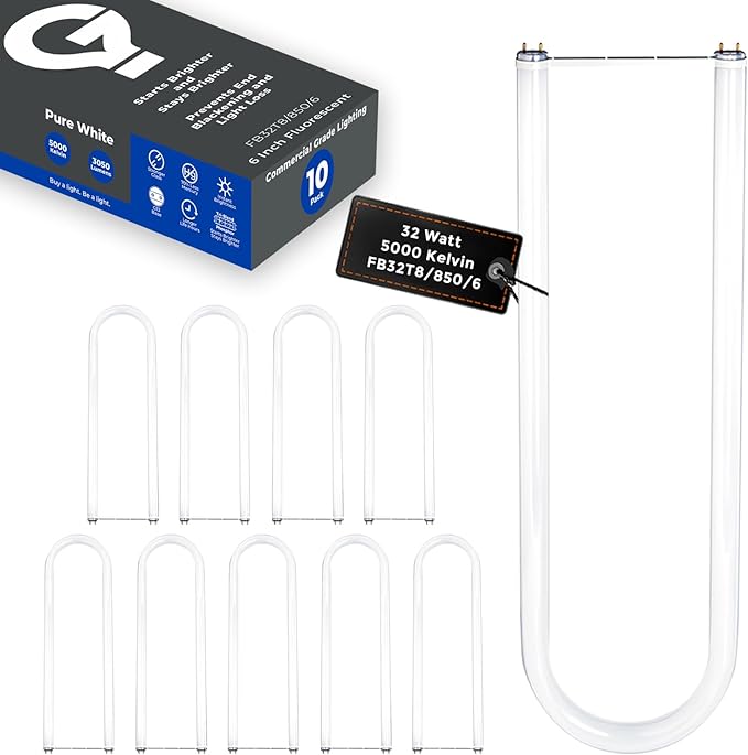GoodBulb 32W T8 U Bend Fluorescent 6" Tube | 5000K Daylight Medium Bi-Pin Base | 3050 Lumens 85 CRI 24000 Life Hours 32 Watts | Car Dealership Lighting | 10 Pack