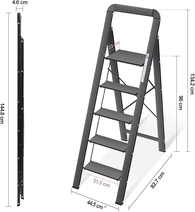 KINGRACK Aluminium 5 Step Ladder, Lightweight Step Stool with Non-Slip Pedals, Handrail, Folding Step Ladder for Kitchen, Garage, Home, Space Saving, Sturdy and Portable, Black