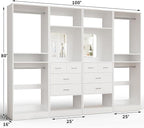 Unikito 100” Closet System with Drawers, 8.3FT Wood Closet Organizer with Hanging Rods and Mirror Design, Reversible Large Walk in Wardrobe Garment Rack with Shelves, Sturdy Closet Tower, White