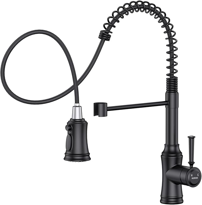 Kitchen Faucet with Pull Down Sprayer, Hurran Commercial Stainless Steel Kithcen Faucets, Single Handle Spring Faucets for Kitchen Sink, Sink Faucet for Farmhouse Wet Bar or RV, Matte Black