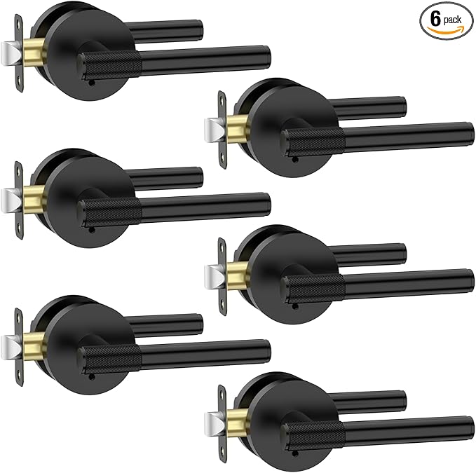 Amerdeco 6 Pack Matte Black Door Handles Interior,Knurled Privacy Door Handles with Lock,Heavy Duty Black Door Lever for Bedroom or Bathroom,Reversible Keyless for Left Right Handed Doors AM0027