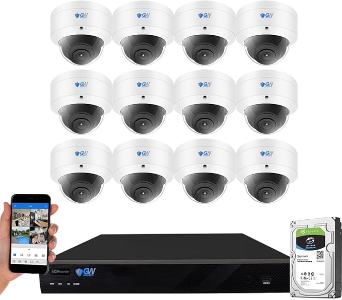 GW Security 16 Channel 12MP NVR UltraHD 4K Human/Vehicle Detection PoE Security Camera System with 12 x 8MP IP Microphone 135° FoV AI Dome Camera, 100ft Night Vision, Waterproof Surveillance Camera